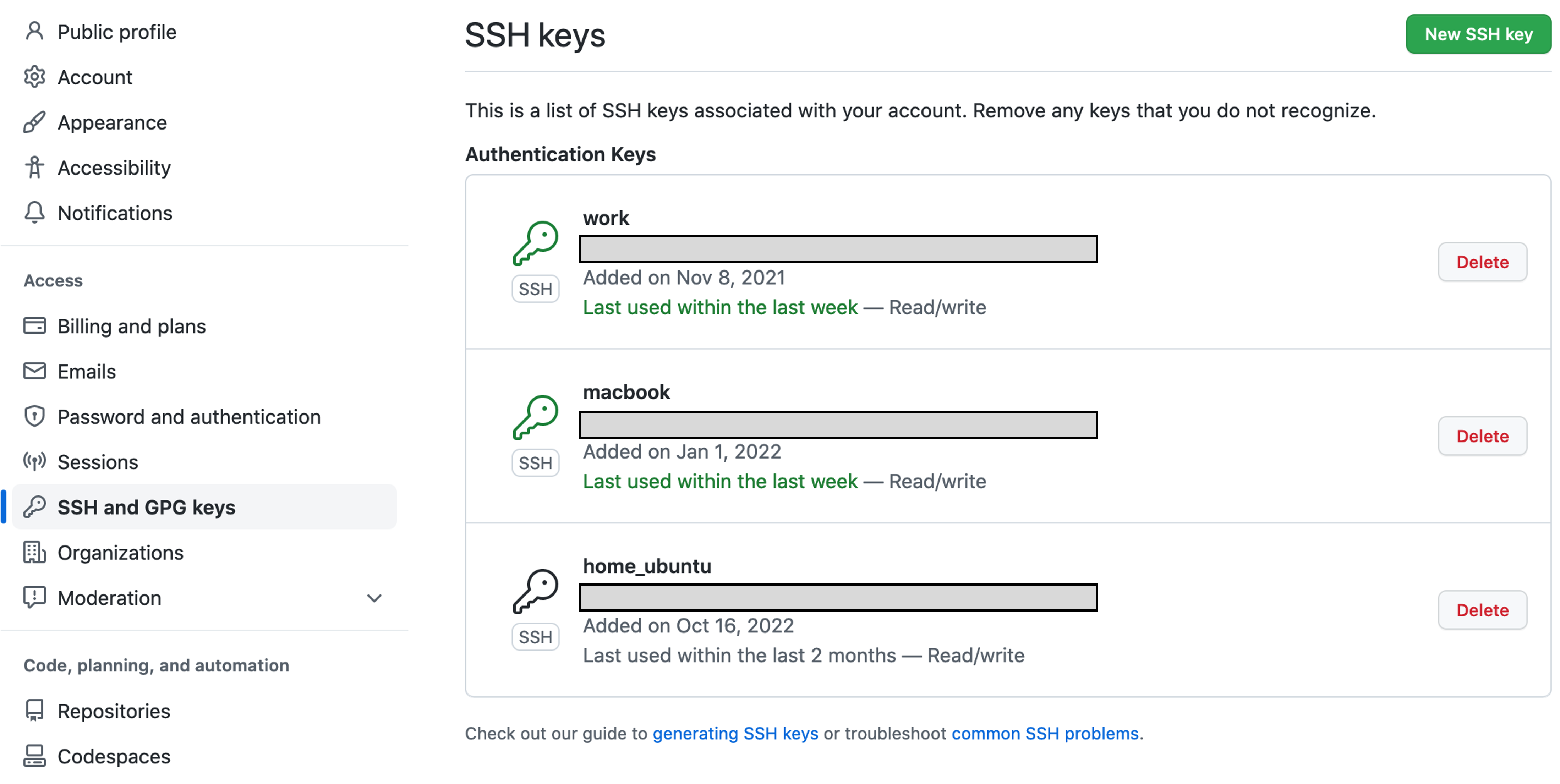 SSH and GPG keys page
